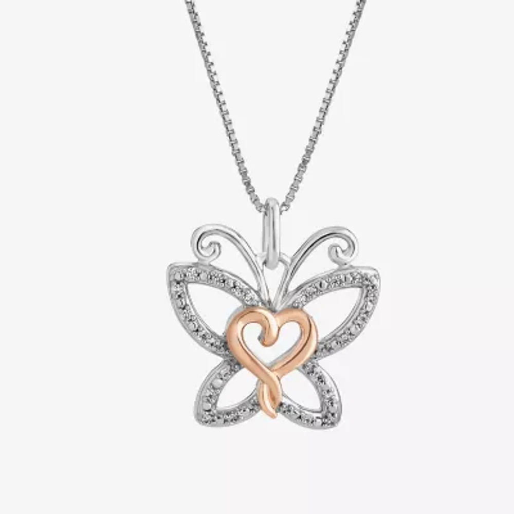 Hallmark Diamonds Womens Diamond Accent Natural White Diamond 14K Two Tone Gold Over Silver Butterfly Heart 18 Inch Pendant Necklace