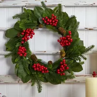 Nearly Natural 24in. Magnolia Leaf; Berry And Pine Wreath