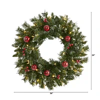 Nearly Natural 24in. Ornaments And Berries With Lights Pre-Lit Wreath