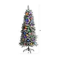 Nearly Natural 5 Foot Mountain Flocked Fir With 379 Bendable Branches And 50 Multi Color Globe Bulbs Pre-Lit Christmas Tree