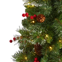 Nearly Natural 4 Foot Pine In Decorative Urn With Pinecone And Berries And 100 Clear Led Lights Pre-Lit Christmas Tree