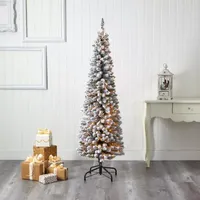 Nearly Natural 6 Foot Pencil Flocked Pine With 438 Bendable Branches And 300 Clear Lights Pre-Lit Christmas Tree