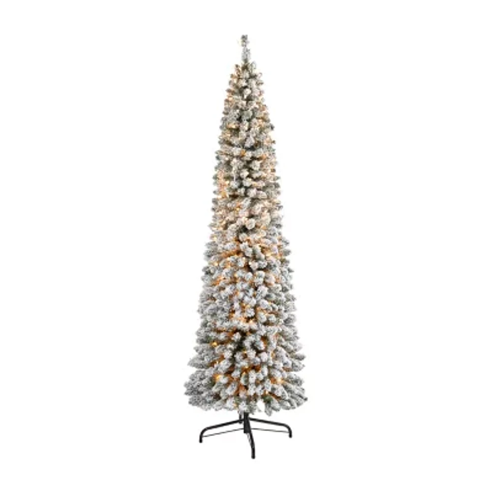 Nearly Natural Foot Flocked Pencil Pine With Bendable Branches And Clear Lights Pre-Lit Christmas Tree