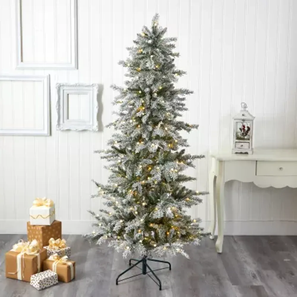 Nearly Natural 6 1/2 Foot Slim Nova Scotia Flocked Spruce With 699 Bendable Branches And 300 Warm White Led Lights Pre-Lit Christmas Tree