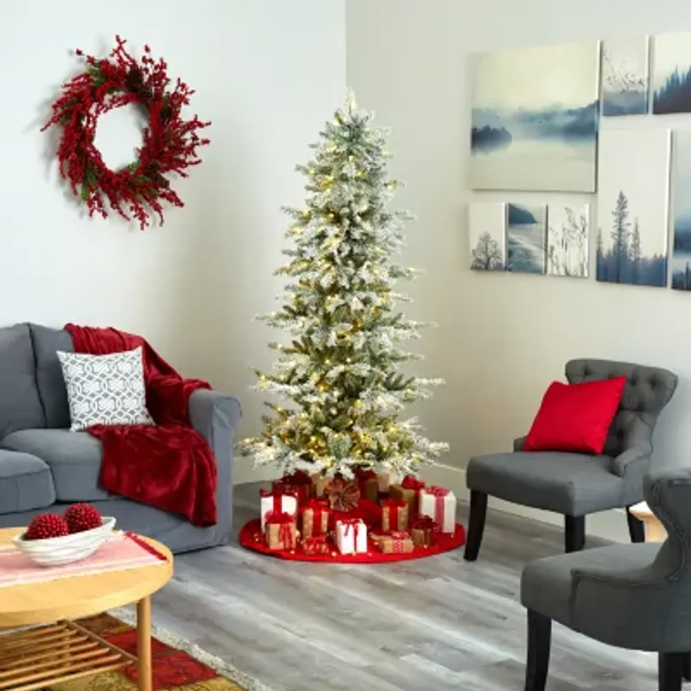 Nearly Natural 6 1/2 Foot Slim Nova Scotia Flocked Spruce With 699 Bendable Branches And 300 Warm White Led Lights Pre-Lit Christmas Tree