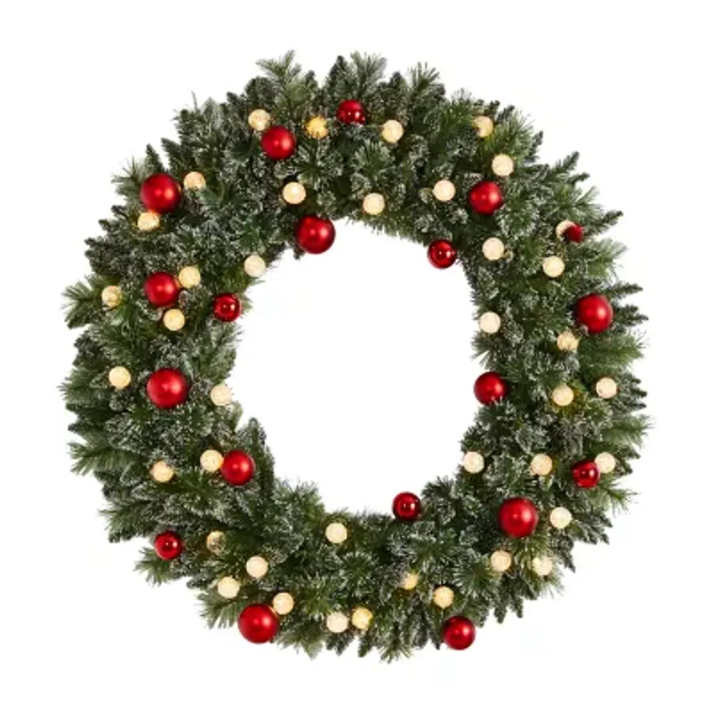 Nearly Natural 4ft. Oversized Pre-Lit Frosted Holiday Christmas With Ornaments And 40 Led Globe Lights Pre-Lit Wreath