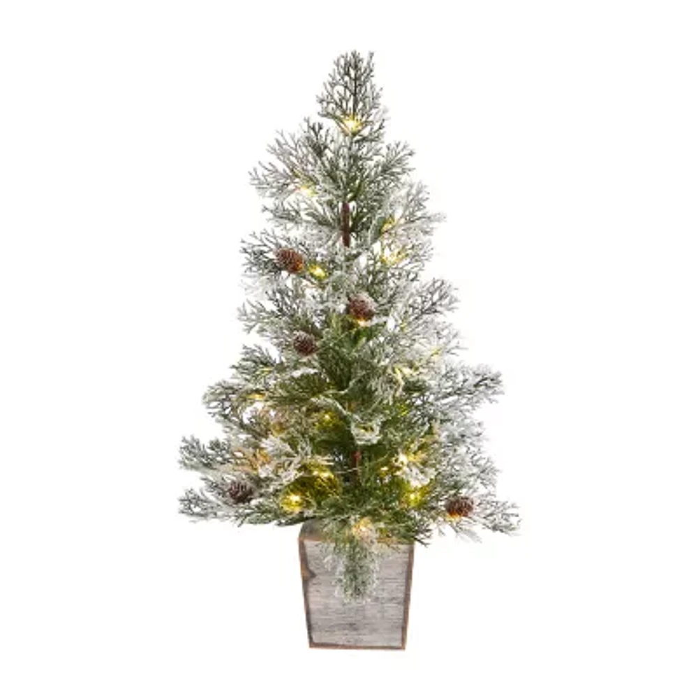 Nearly Natural 2 Foot Frosted Fir With Pinecones In Decorative Planter Pre-Lit Christmas Tree