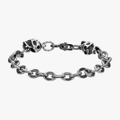 Mens Stainless Steel 9 Inch Solid Cable Skull Chain Bracelet