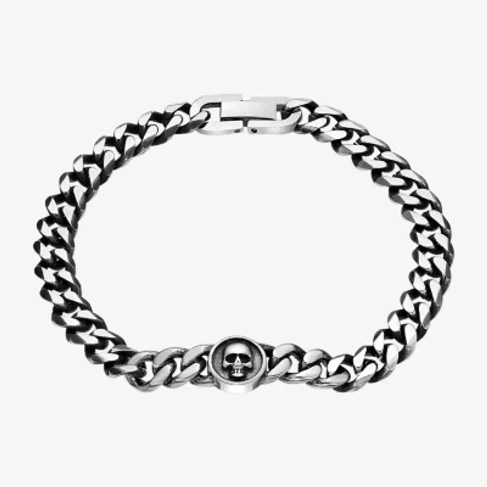 Mens Stainless Steel 8 1/2 Inch Solid Curb Skull Chain Bracelet