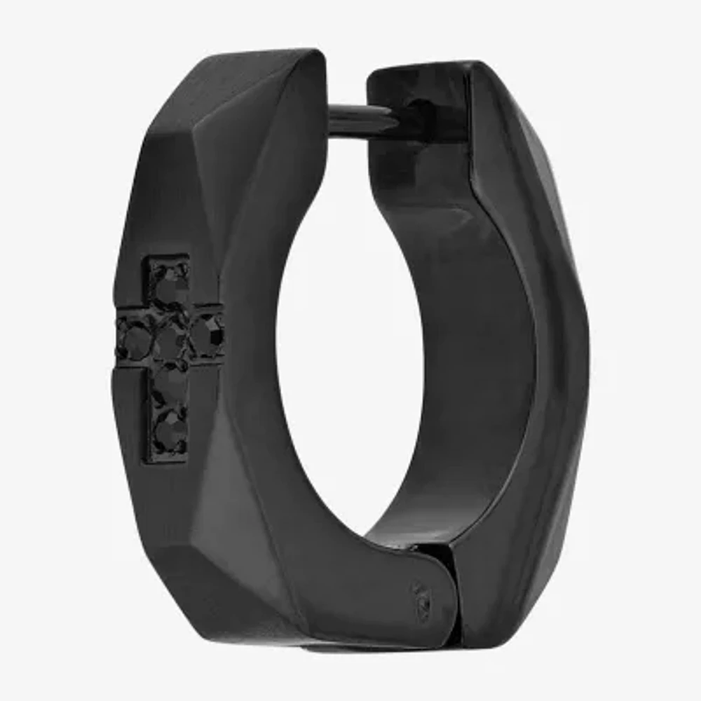 Mens Black Cubic Zirconia Stainless Steel 14mm Hoop Earrings