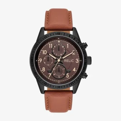 Relic By Fossil Mahoney Mens Multi-Function Brown Leather Strap Watch Zr15983