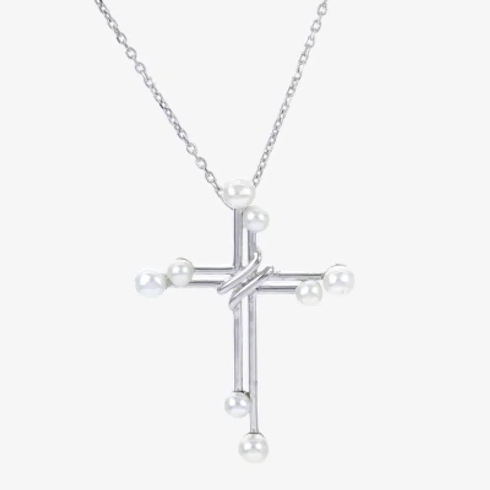 Womens White Cultured Freshwater Pearl Sterling Silver Cross 18 Inch Pendant Necklace