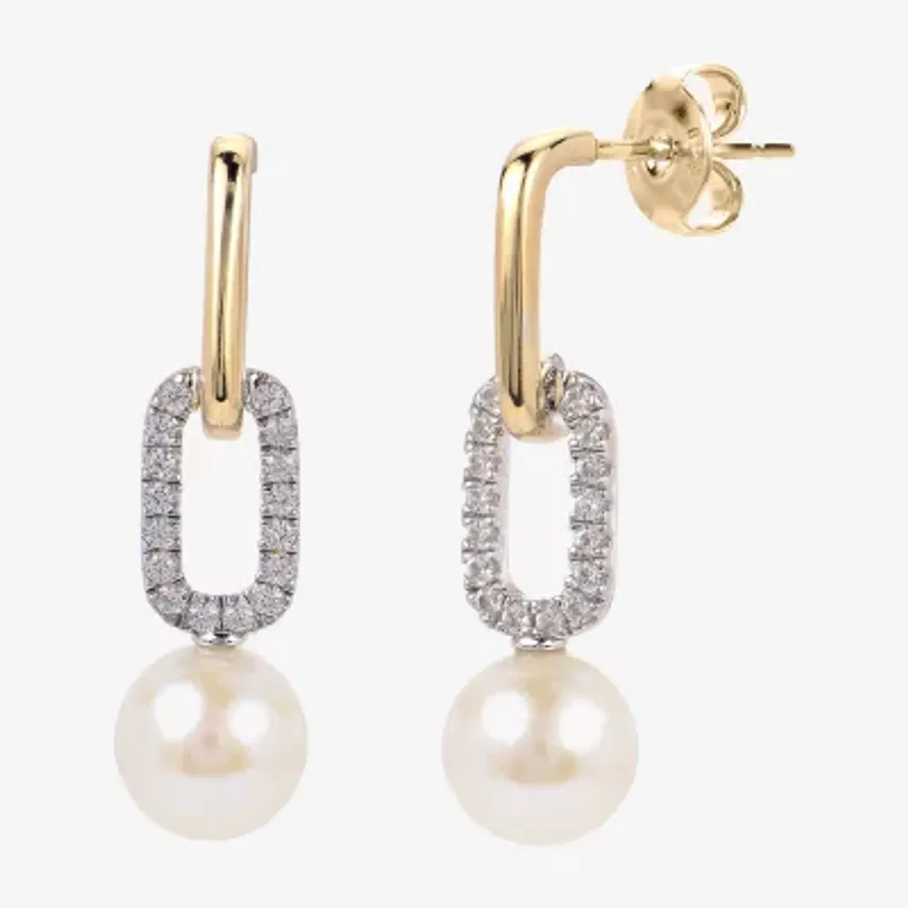 Womens White Cultured Freshwater Pearl 14K Two Tone Gold Over Silver Paperclip Drop Earrings
