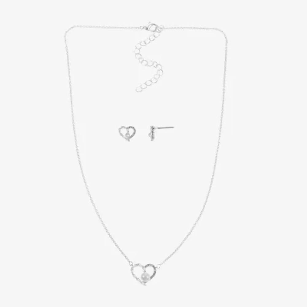 Sparkle Allure Womens Cubic Zirconia Simulated Pearl Pure Silver Over Brass Heart 2-pc. Jewelry Set