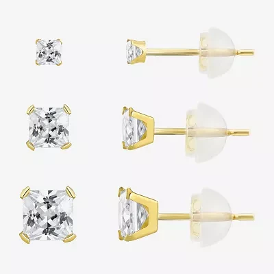 Womens Cubic Zirconia 10K Gold Round 3 Pair Earring Set
