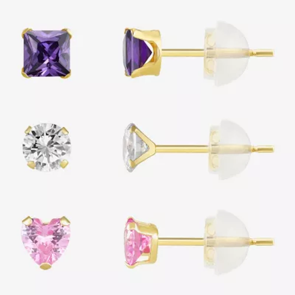 Womens Multi Color Cubic Zirconia 10K Gold Round 3 Pair Earring Set