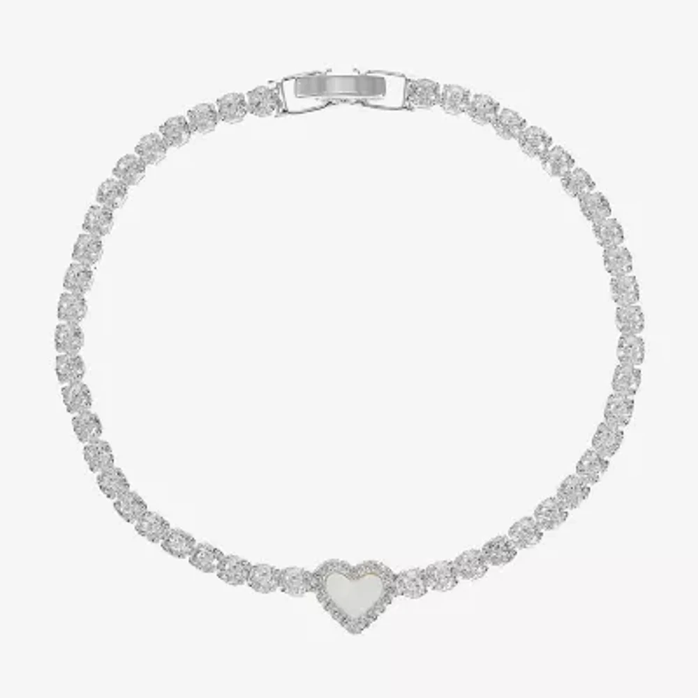 Sparkle Allure Halo Womens Cubic Zirconia Pure Silver Over Brass Heart 7.5 Inch Tennis Bracelet