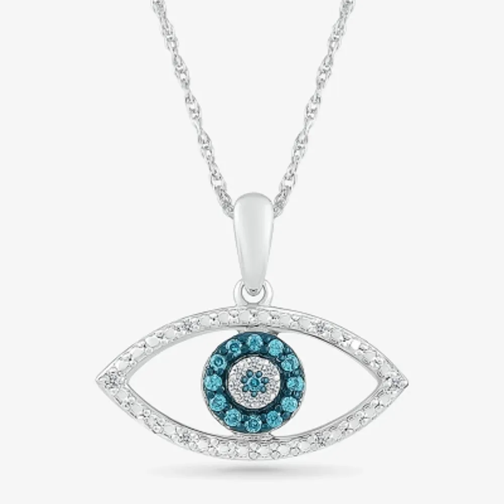 Womens 1/10 CT. T.W. Natural Blue Diamond 14K White Gold Evil Eye 18 Inch Pendant Necklace