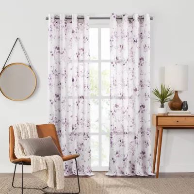 Fieldcrest Arden Watercolor Bouquet Cotton Grommet Top Sheer Single Curtain Panel