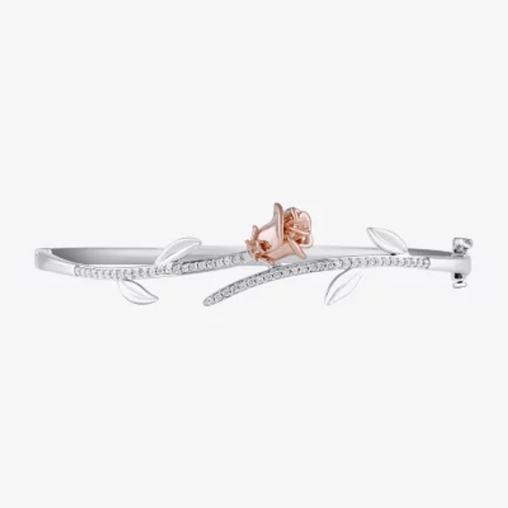 Enchanted Disney Fine Jewelry Womens 1/4 CT. T.W. Natural White Diamond 14K Rose Gold Over Silver Sterling Silver Flower Beauty and the Beast Belle Princess Bangle Bracelet