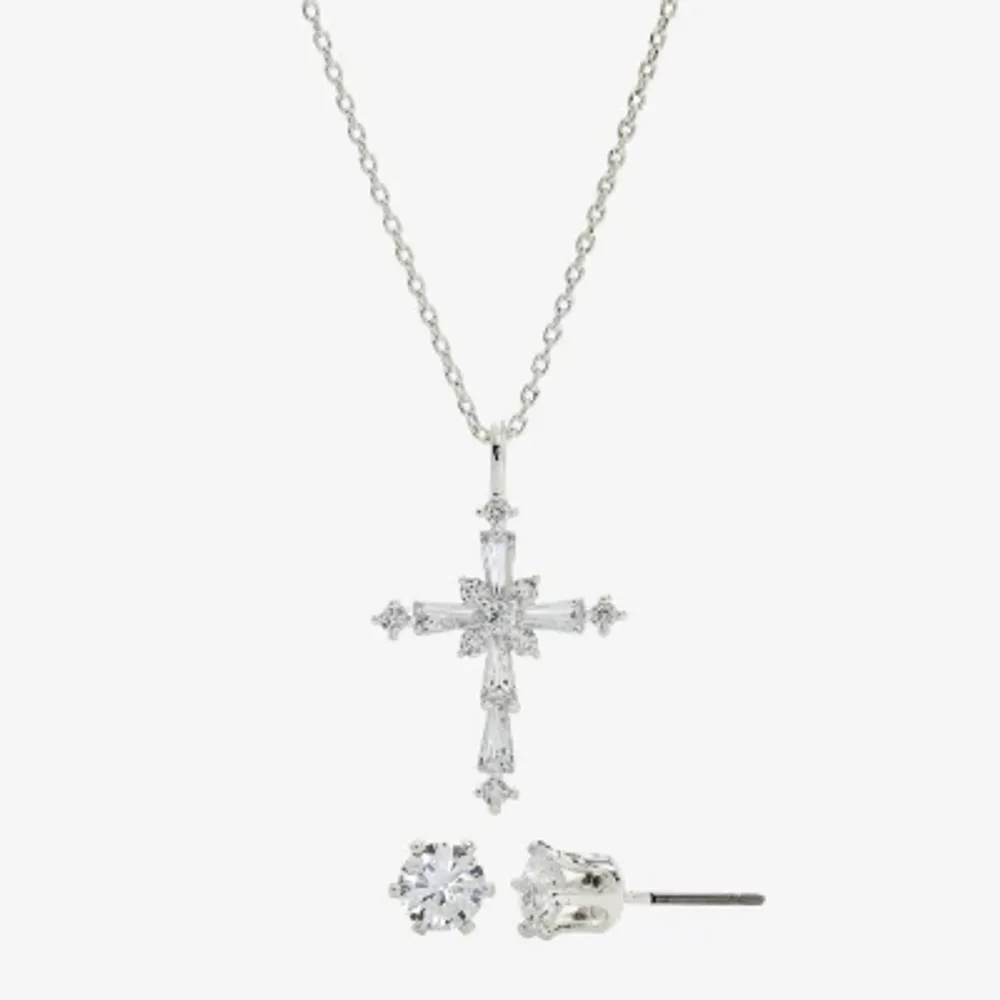 Sparkle Allure Womens Cubic Zirconia Pure Silver Over Brass Cross 2-pc. Jewelry Set