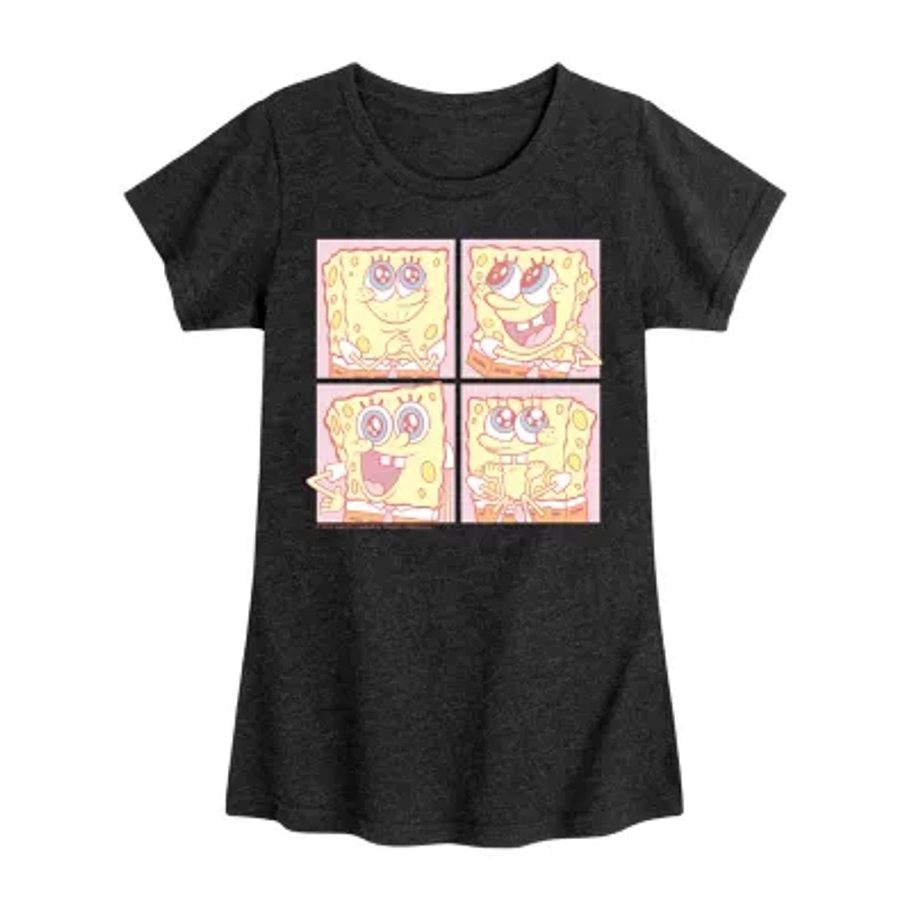 Cute Face Grid Big Kid Girls Crew Neck Short Sleeve Classic Fit Spongebob Graphic T-Shirt