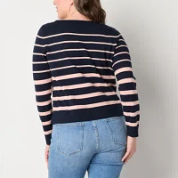 Liz Claiborne Womens Boat Neck Long Sleeve Striped Pullover Sweater
