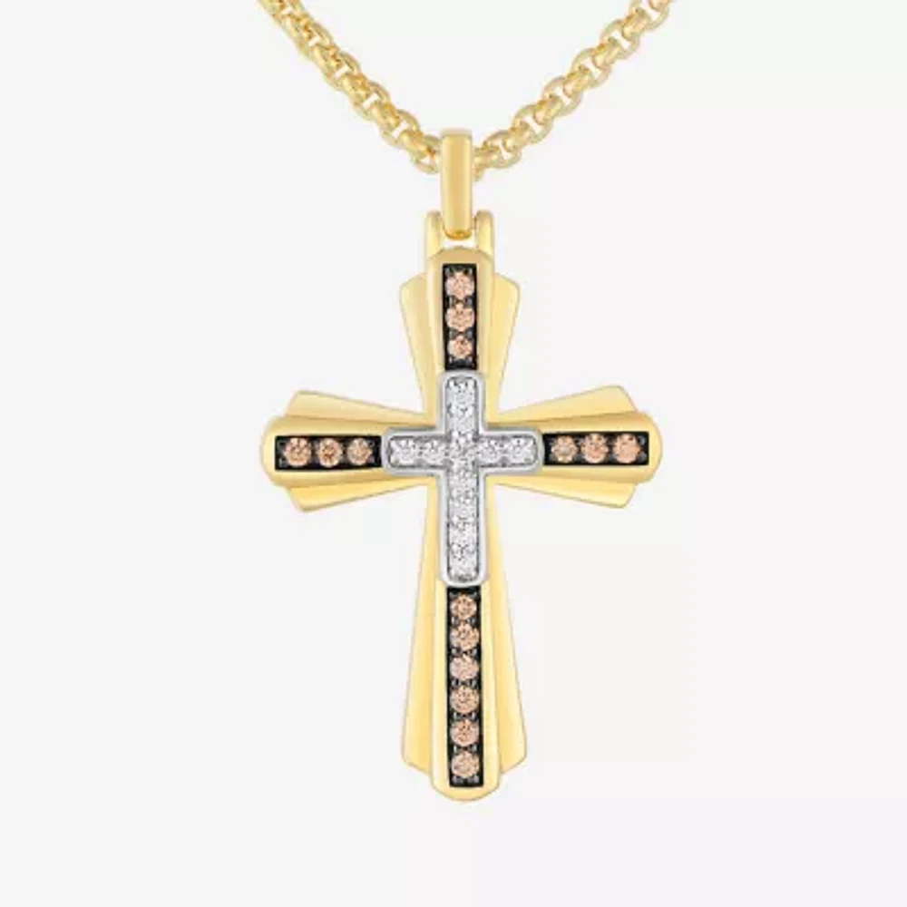 Mens 1/2 CT. T.W. Natural White Diamond 14K Gold Over Silver Cross 22 Inch Pendant Necklace
