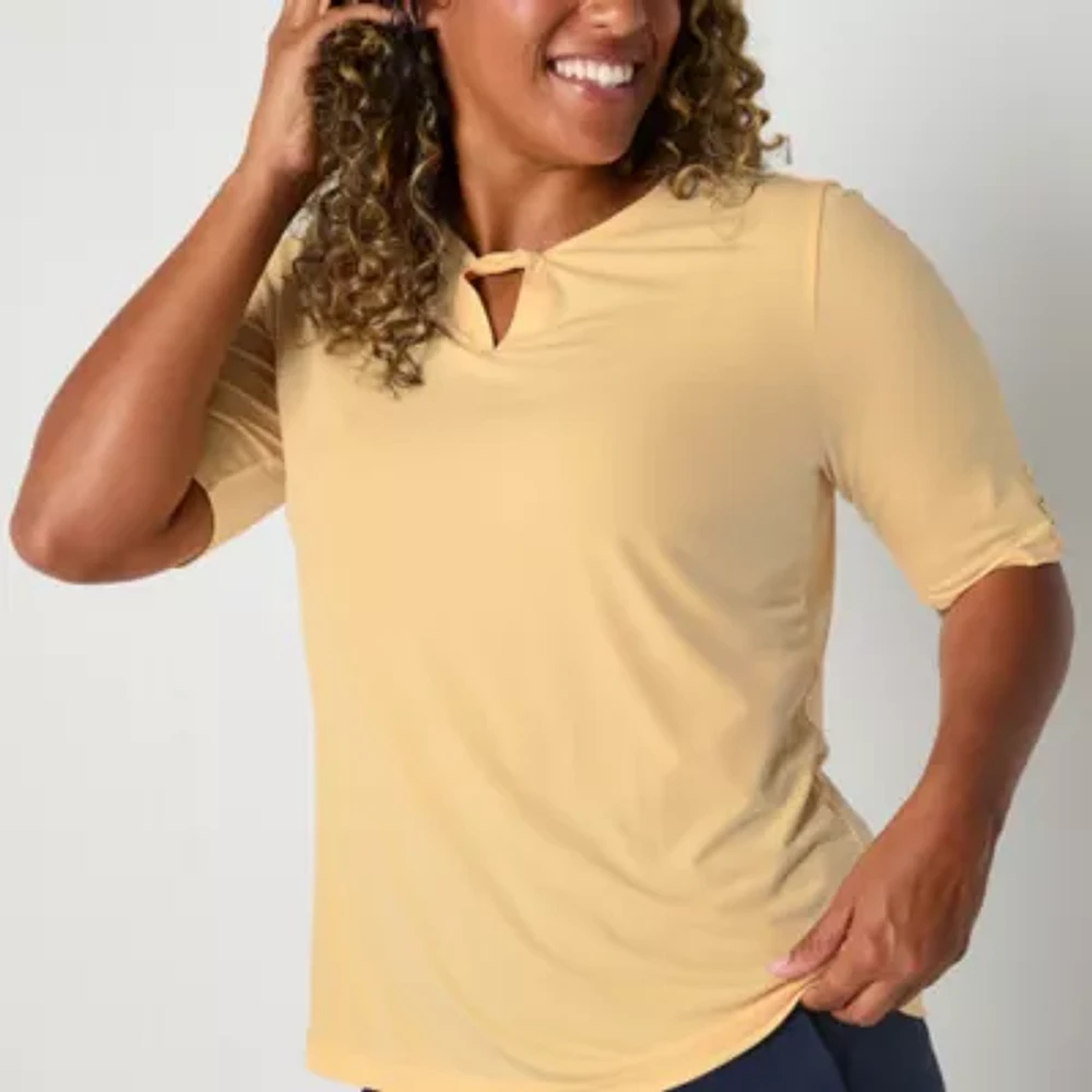 Liz Claiborne Womens Keyhole Neck Elbow Sleeve Blouse