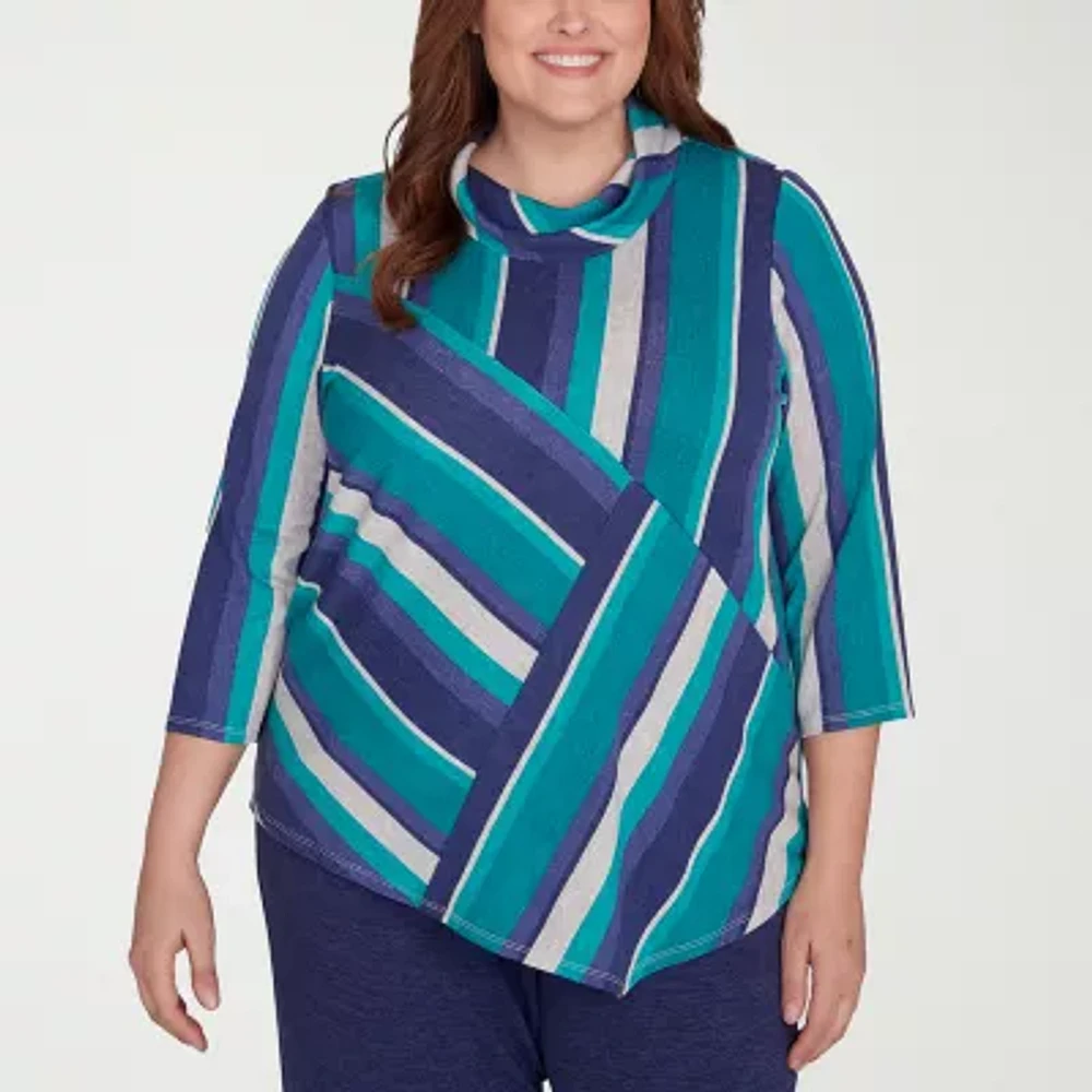 Alfred Dunner French Quarter Womens Cowl Neck 3/4 Sleeve Plus T-Shirt