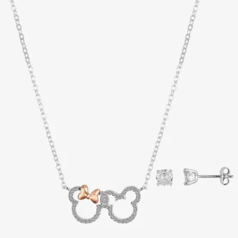 Disney Classics Womens Cubic Zirconia 14k Rose Gold Over Brass Pure Silver Over Brass Mickey Mouse Minnie Mouse 2-pc. Jewelry Set