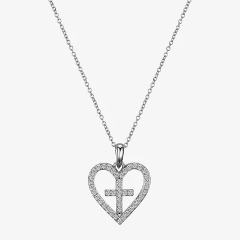 Gratitude & Grace Faith Womens Cubic Zirconia Pure Silver Over Brass Cross Heart 16 Inch Pendant Necklace