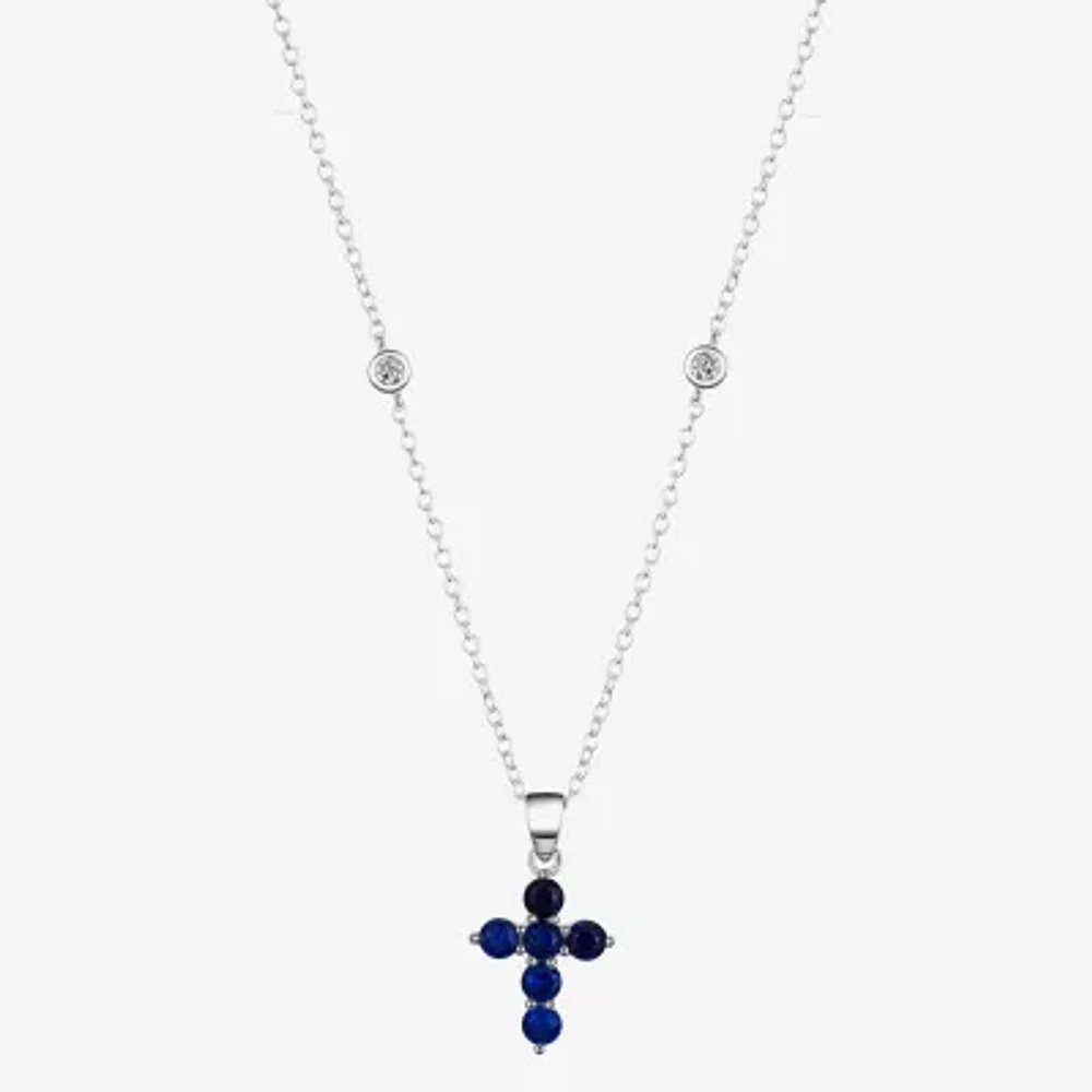 Footnotes Believe Womens Blue Cubic Zirconia Sterling Silver Cross 16 Inch Pendant Necklace