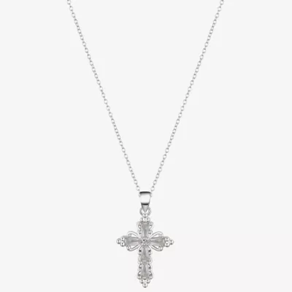 Footnotes Faith Womens Cubic Zirconia Sterling Silver Cross 16 Inch Pendant Necklace