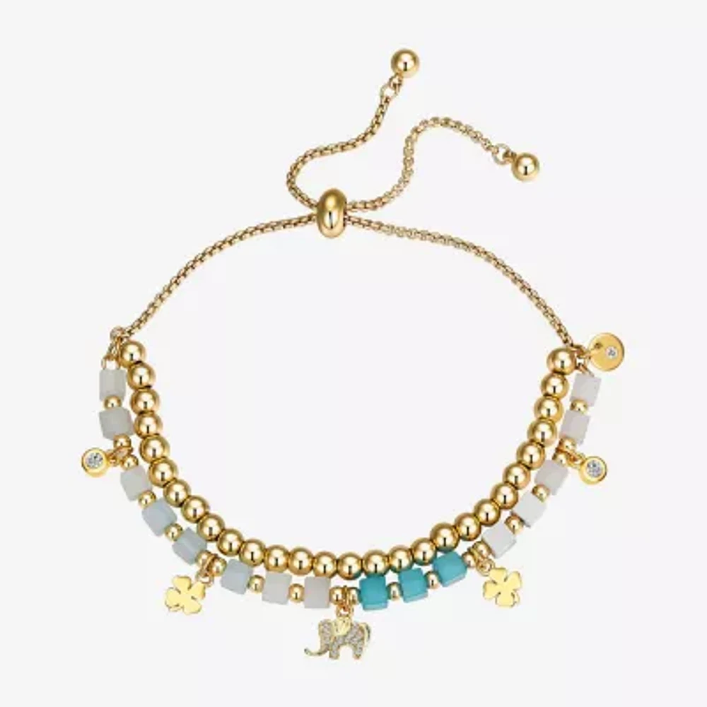 Footnotes Luck Elephant Womens Cubic Zirconia 14K Gold Over Brass Clover Bolo Bracelet