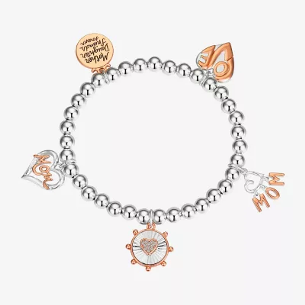 Footnotes Mom Womens Cubic Zirconia 14k Rose Gold Over Brass Pure Silver Over Brass Heart Stretch Bracelet