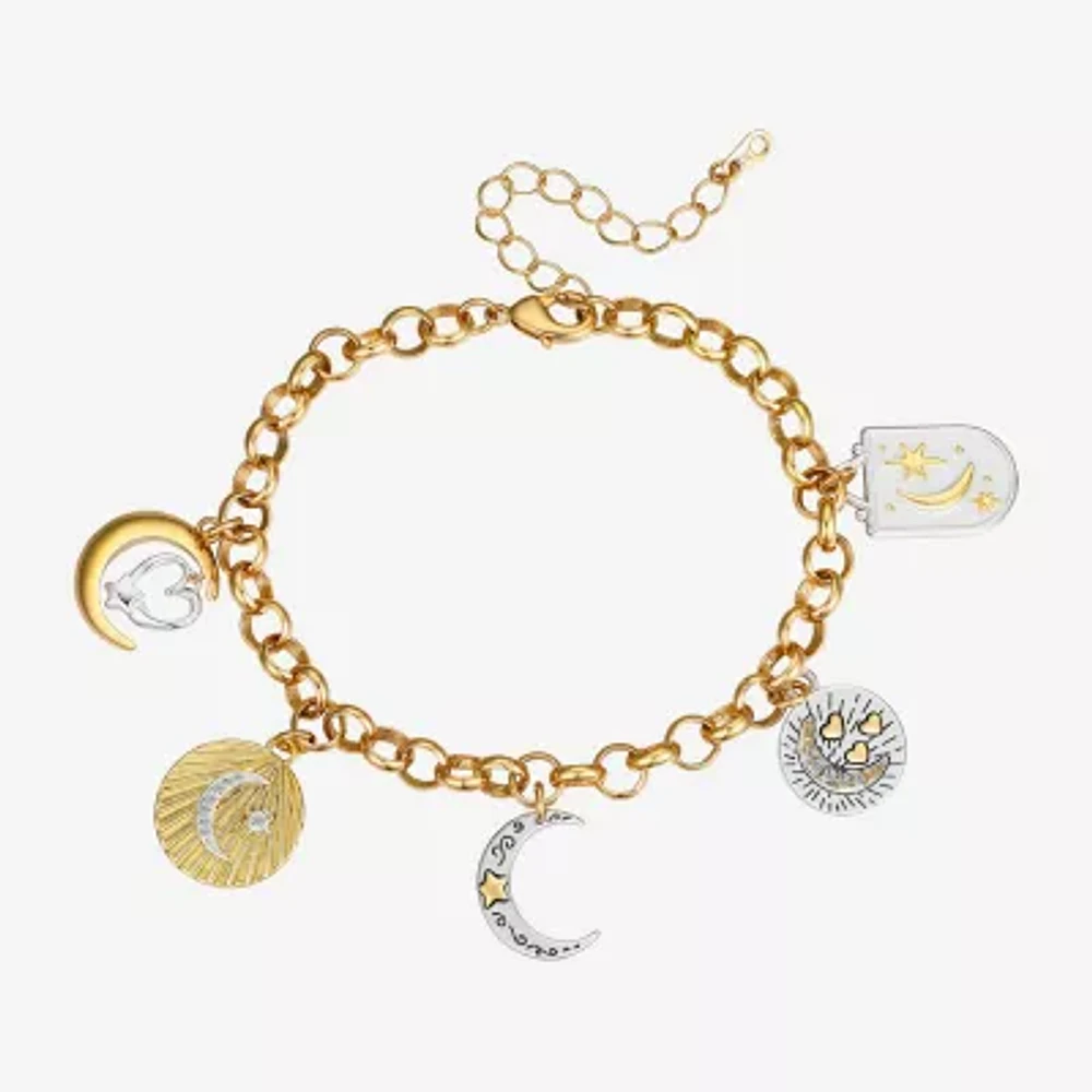 Footnotes Love Womens Cubic Zirconia 14K Gold Over Brass Pure Silver Over Brass Moon Star Charm Bracelet