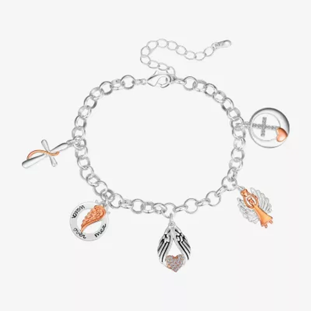Footnotes Faith Womens Cubic Zirconia 14K Gold Over Brass Pure Silver Over Brass Angel Cross Wing Charm Bracelet