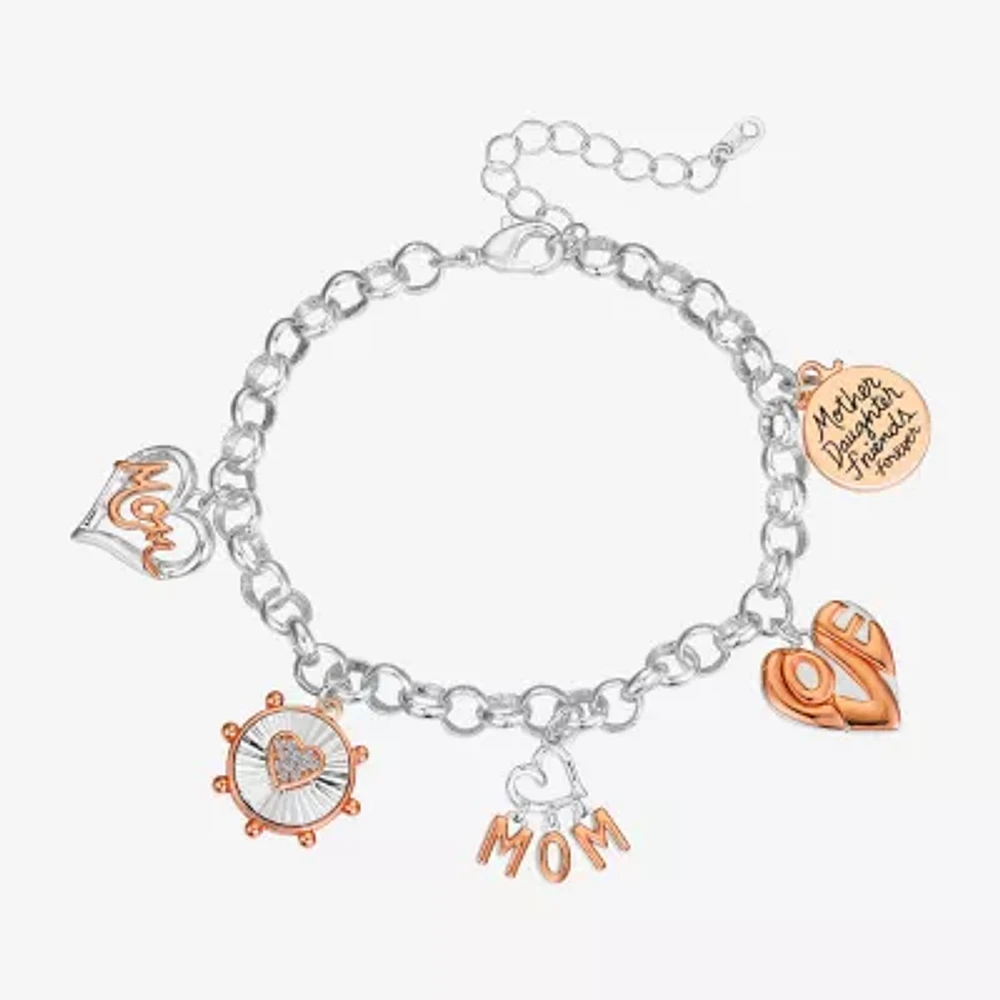 Footnotes Mom Womens Cubic Zirconia 14K Gold Over Brass Pure Silver Over Brass Heart Charm Bracelet