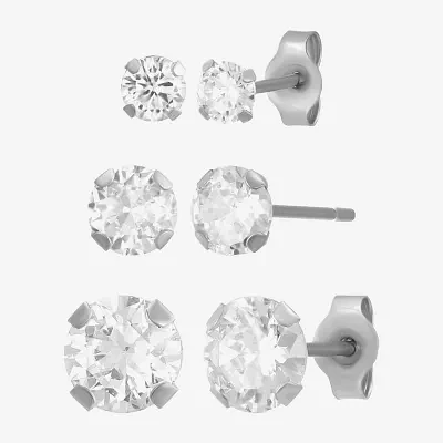 Womens Cubic Zirconia 14K White Gold Round 3 Pair Earring Set