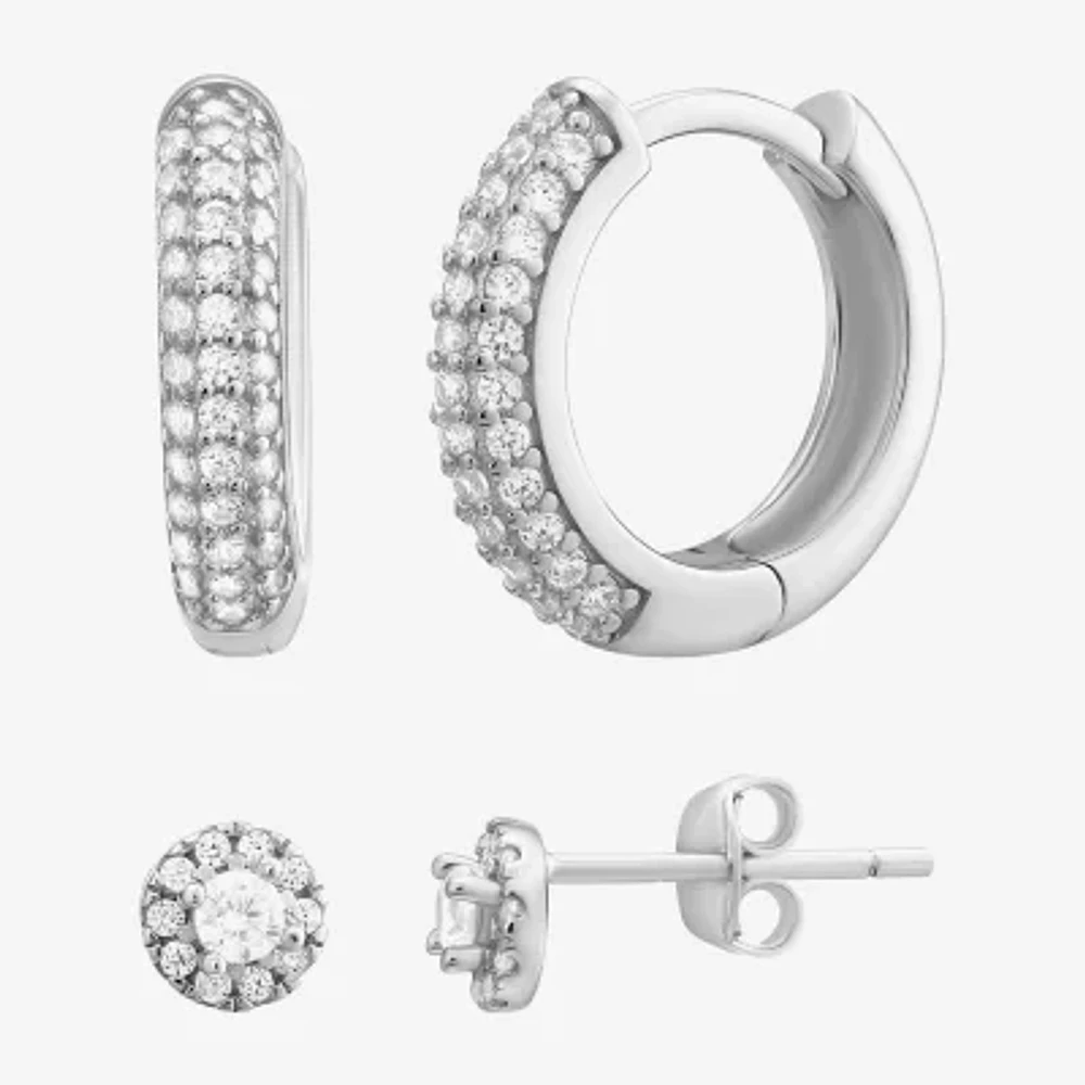 Womens Cubic Zirconia Sterling Silver 2 Pair Earring Set