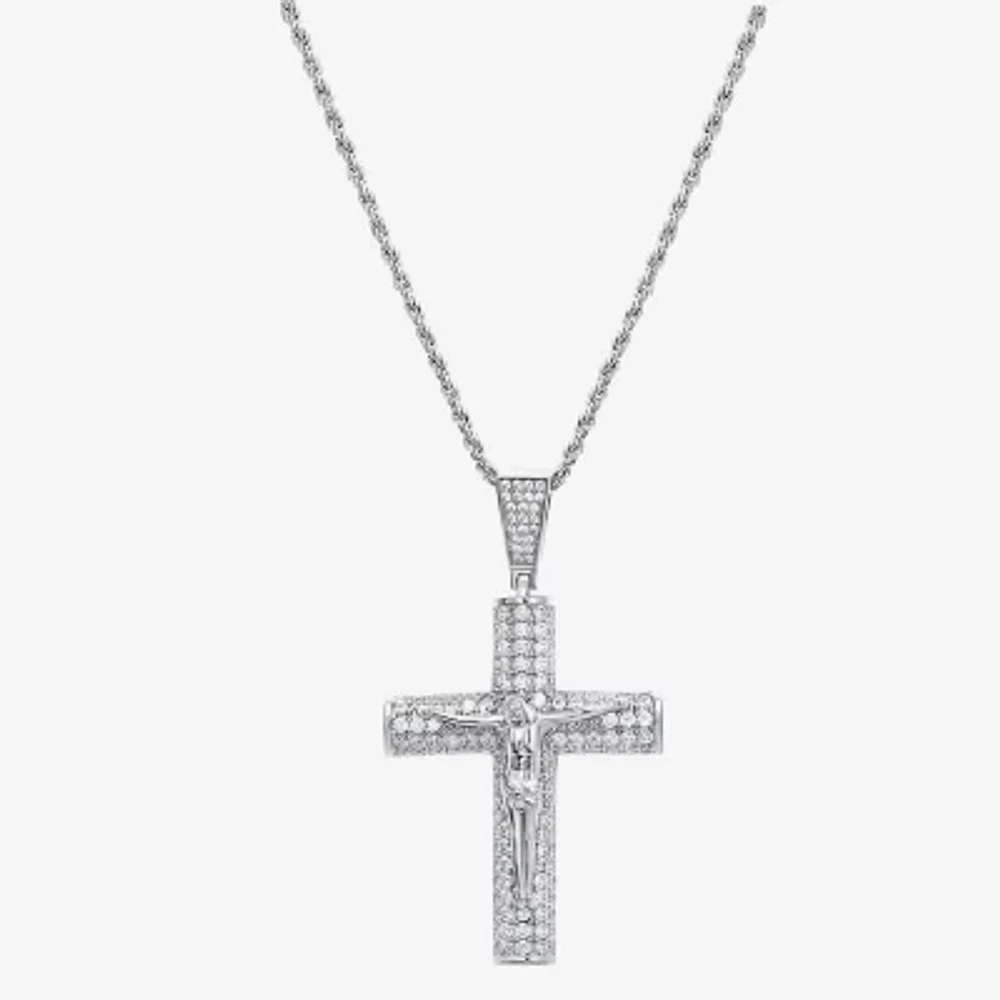 Mens White Cubic Zirconia Sterling Silver Cross 24 Inch Pendant Necklace