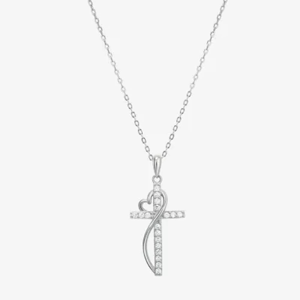Diamonart Womens White Cubic Zirconia Sterling Silver Cross Heart 18 Inch Pendant Necklace
