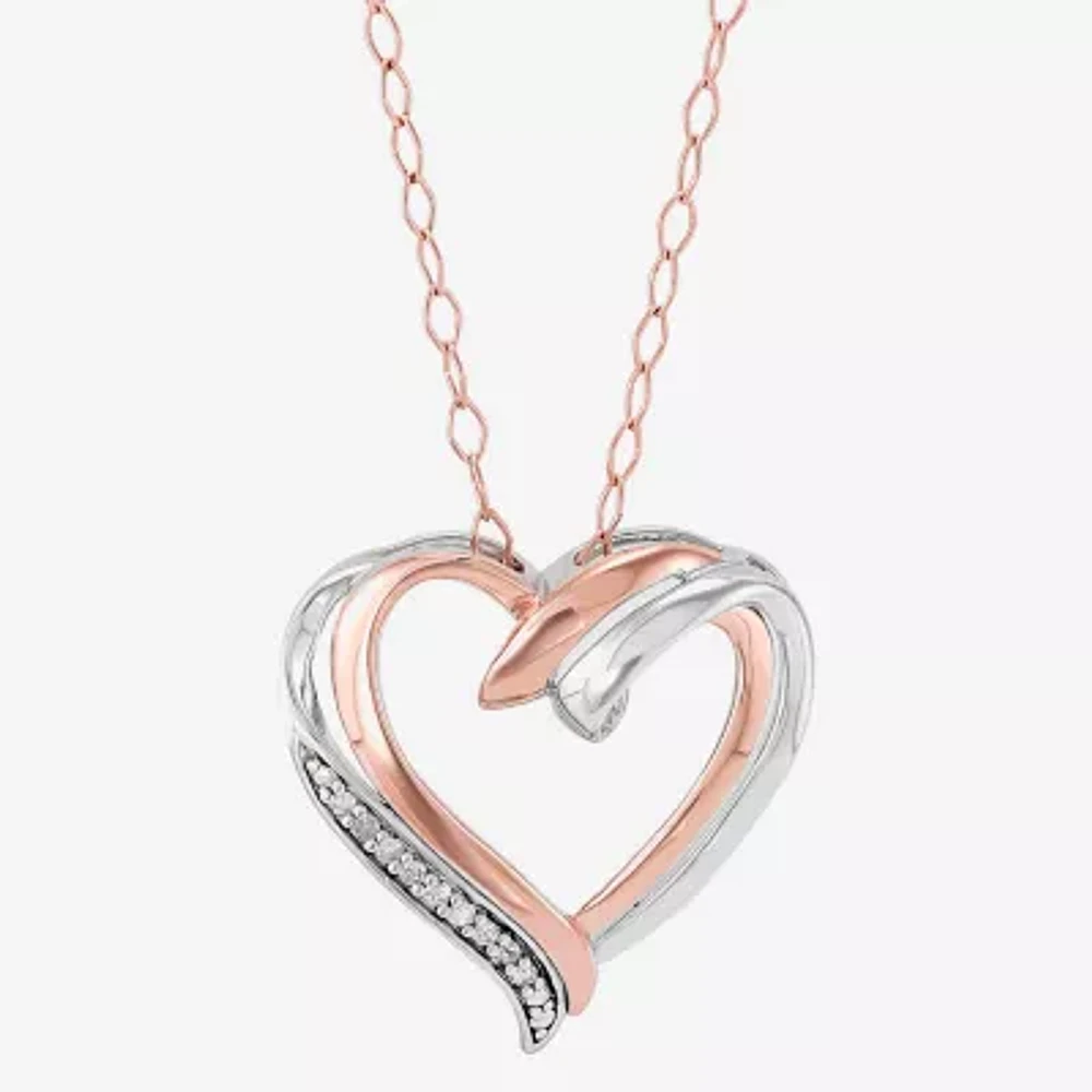 Womens Diamond Accent Natural White Diamond 14K Rose Gold Over Silver Sterling Silver Heart 18 Inch Pendant Necklace