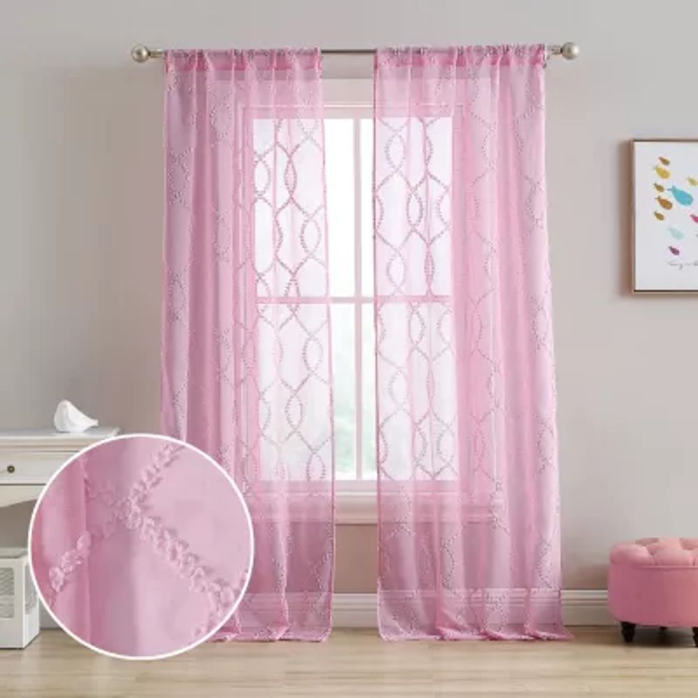 Laura Ashley Lattice Rod Pocket Embroidered Sheer Set of 2 Curtain Panel