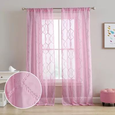 Laura Ashley Lattice Rod Pocket Embroidered Sheer Set of 2 Curtain Panel