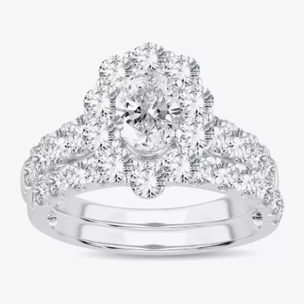 H-I / Si1-Si2) Womens CT. T.W. Lab Grown White Diamond 10K Gold Oval Side Stone Halo Bridal Set