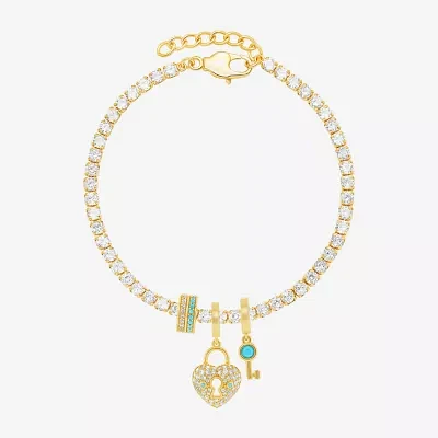 Sparkle Allure Charm Womens Turquoise Cubic Zirconia 14K Gold Over Brass Heart 8 1/2 Inch Tennis Bracelet