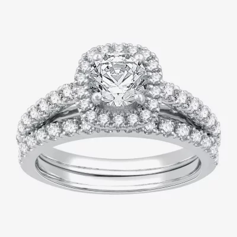 I Said Yes (G / Si1-Si2) Womens 1 1/2 CT. T.W. Lab Grown White Diamond Sterling Silver Cushion Side Stone Halo Bridal Set
