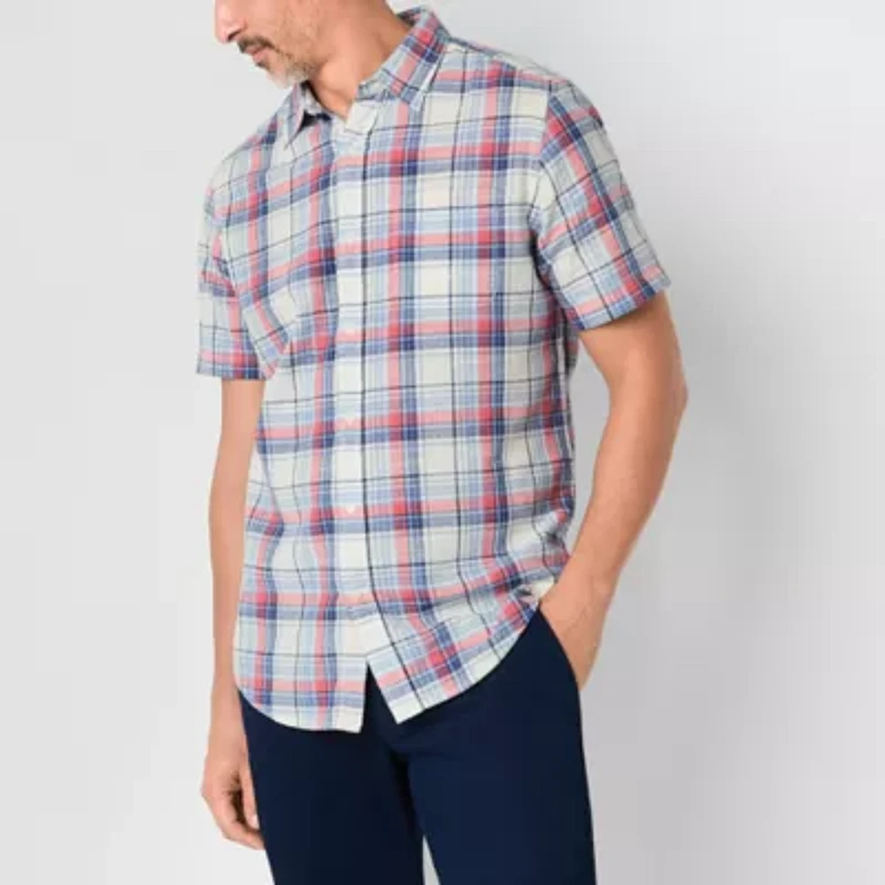 St. John's Bay Linen Blend Mens Short Sleeve Classic Fit Button-Down Shirt